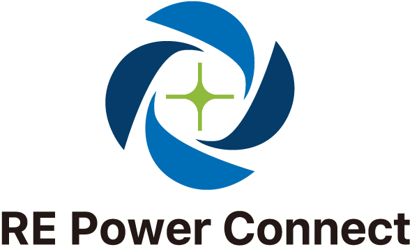 青と緑の円形シンボルと「RE Power Connect」が縦に並ぶロゴデザイン。
